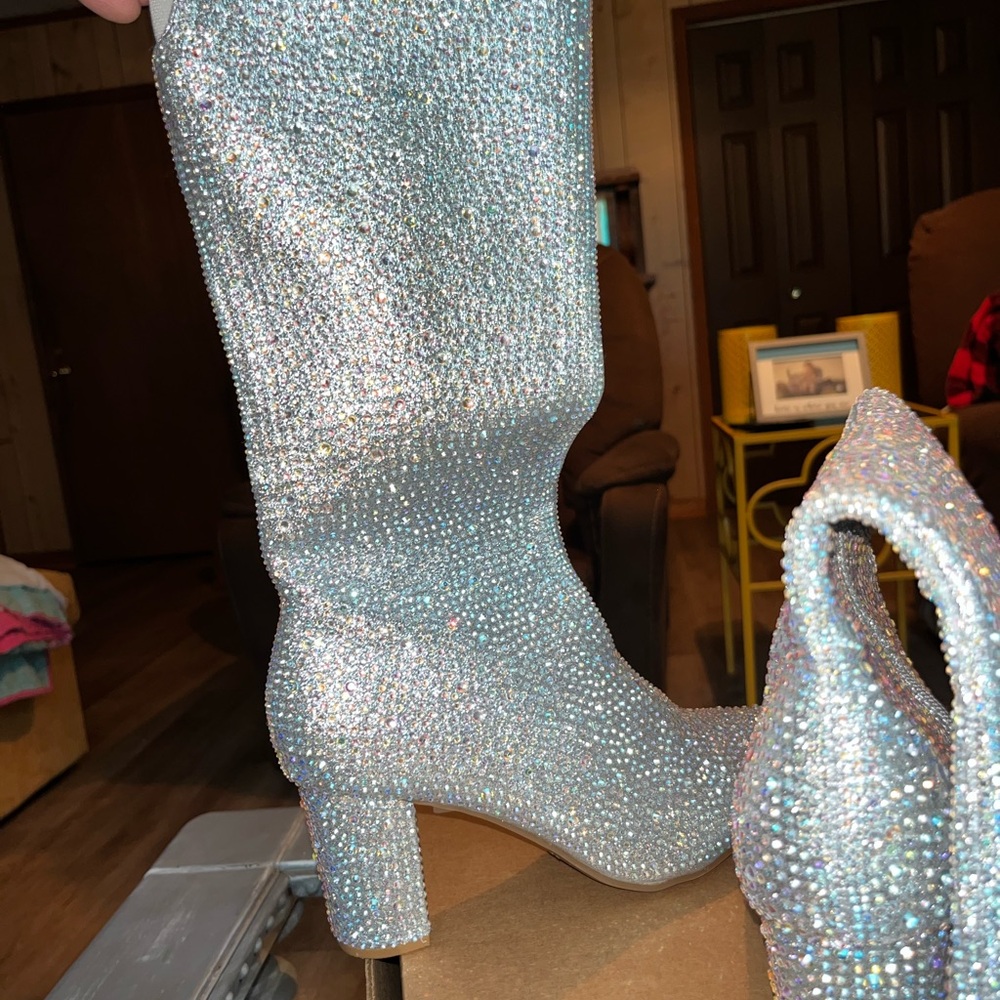 Rhinestone Block Heel High Boots